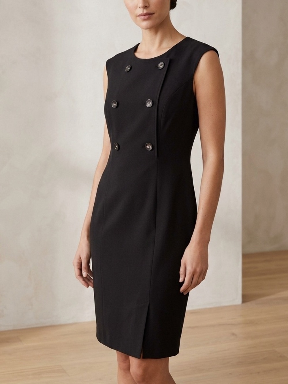 Sleeveless Black Double-Breasted Sheath Midi Dress